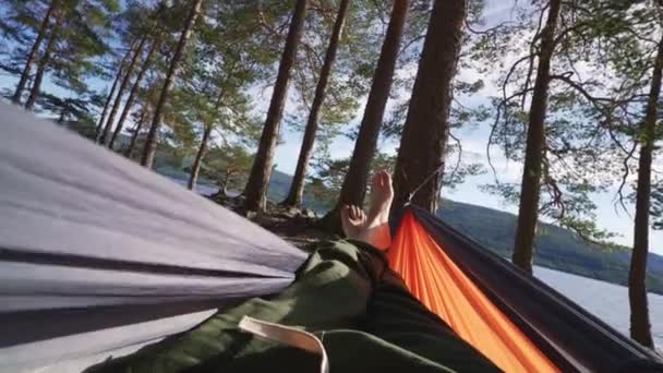 Mužské Nohy Houpaly Oranžové Houpací Síti Mezi Krásným Borovým Lesem — Stock video