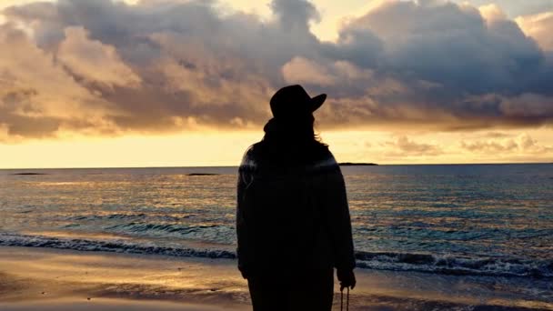 美丽的姑娘 日落时分 在海边的海边 背着背包 — 图库视频影像