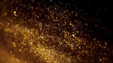 Altın tozu parçacıkları havada yavaş çekimde uçar ve yavaşça kalır. Toz Parçacıkları Arkaplan Bokeh Işıkları Siyah Arkaplan 4k Görüntülü Kar Parçacıkları Arkaplanı.