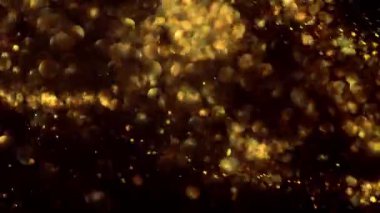 golden particles bokeh abstract background with shining gold Floating Dust Particles Flare star on Black Background in Slow Motion. Futuristic glittering fly movement flickering loop in space.