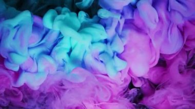 Pembe ve Mavi Mürekkep Bulutu çarpışması. Suyun içinde boya karışımı. Ağır çekim. Kara Arkaplan. Soyut Hareket Arkaplanı, Sanat Efektleri