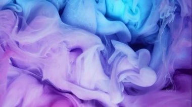 Renklerin sihirli karışımı. Siyah arka planda izole edilmiş suda ipeksi mürekkep bulutu. Suda renkli mürekkep, mürekkep damlası. Mor, mavi, pembe.