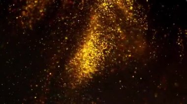 Parlak altın parçacıkları soyut arkaplan. Havada yavaşça yüzen altın toz parçacıklarının bulanık arka planı. Sihirli peri arkaplanı