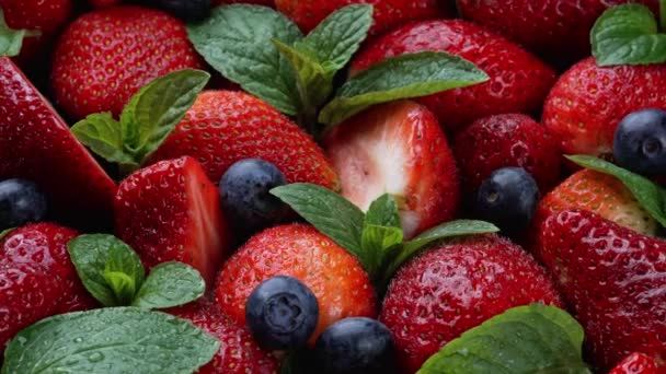 イチゴとブルーベリーの果物が間近に見えます 選択的焦点 — ストック動画
