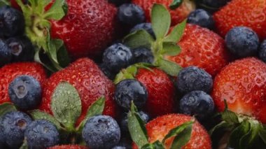 Kara arka planda yabani orman meyveleri, çilek, yabanmersini ve böğürtlen koleksiyonu.