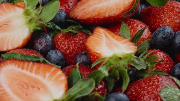 黒を基調とした野生の森の果実 イチゴ ブルーベリー ブラックベリーのコレクション — ストック動画
