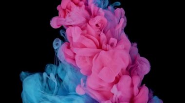 Renklerin sihirli karışımı. Siyah arka planda izole edilmiş suda ipeksi mürekkep bulutu. Suda renkli mürekkep, mürekkep damlası. Mor, mavi, pembe.