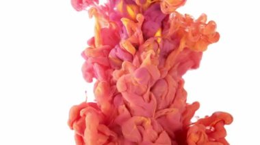 Yukarıdan renkli gökkuşağı boya damlaları suya karışıyor. Mürekkep suyun altında dönüyor. Siyah arka planda izole edilmiş ipek mürekkep bulutu. Renkli soyut duman patlaması animasyon etkisi. Görüntüyü kapat.