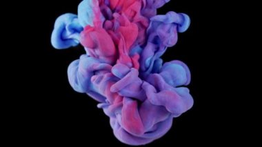 Renklerin sihirli karışımı. Siyah arka planda izole edilmiş suda ipeksi mürekkep bulutu. Suda renkli mürekkep, mürekkep damlası. Mor, mavi, pembe