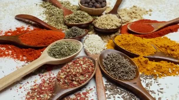 Spices Background Indian Asian Food Spices Spoons Dark Background Curry — Stock Video