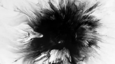 Mürekkep izleri, lekeler, 4K görüntüler. Sudaki mürekkep, beyaz zemin üzerine güzel siyah suluboya mürekkep damlaları - mürekkep etkisi, şeffaf, geçiş, oda, izole edilmiş, dairesel organik akışla genişletilmiş