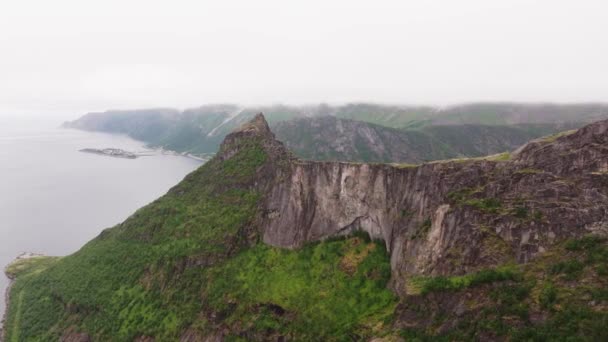 Vista Aérea Cerca Musgoso Verde Muro Montaña Revelando Costa Rocosa — Vídeos de Stock