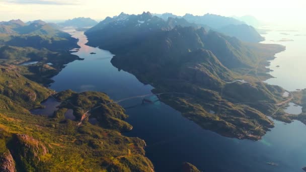 Aerial View Norwegian Fisher Town Located Small Rocky Islands — Stock Video