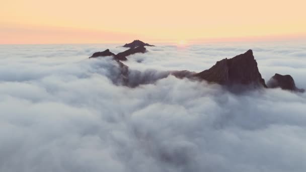 Mist Aerial Perspective Craggy Mountains Senja Island Higher Clouds — Stok Video