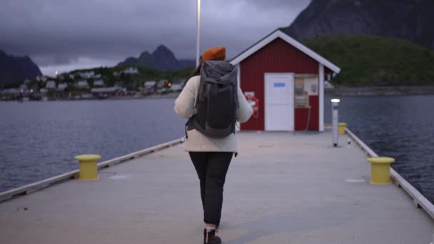 Portret Van Een Reiziger Meisje Met Een Hoed Met Een — Stockvideo