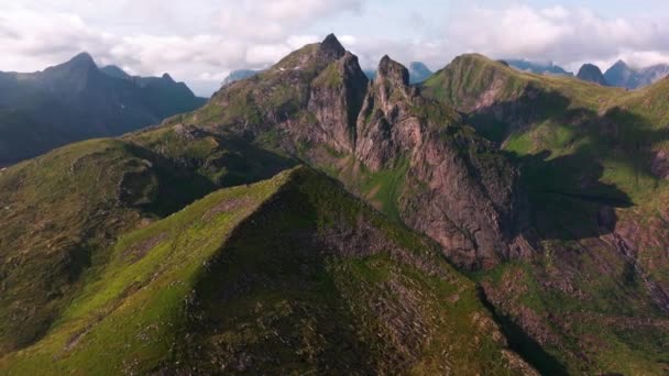 Luchtfoto Bomen Een Heuvel Die Oceaan Steile Bergtoppen Onthullen Lofoten — Stockvideo