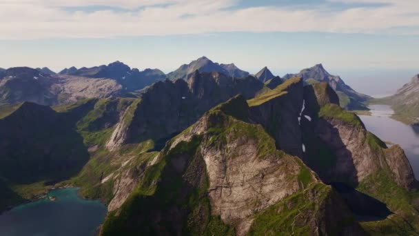 Prachtige Zonsondergang Dramatische Bergen Fjorden Van Lofoten Eilanden Noord Noorwegen — Stockvideo