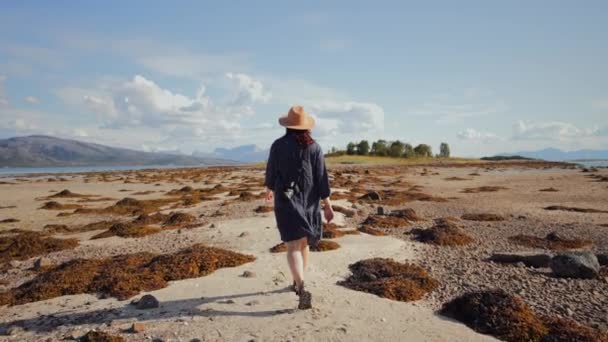 Genç Fotoğrafçı Çim Tepesinde Kamerayla Yürüyor Güzel Manzara Çekimleri Yapan — Stok video