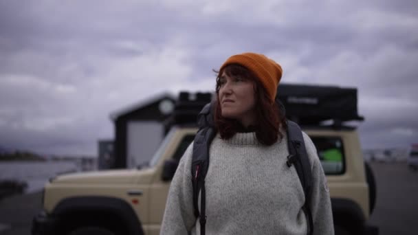 バケーション 地平線の落ち着いた湖と山を熟考した茶色の髪の若い女性のクローズアップビュー — ストック動画