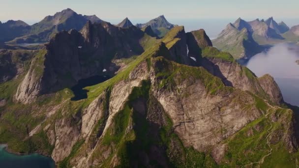 Beautiful Sunset Dramatic Mountains Fjords Lofoten Islands Northern Norway Aerial — Stock Video