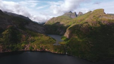 Bir tepenin üzerindeki ağaçların üzerinden hava manzarası okyanusu ve dik dağ zirvelerini gözler önüne seriyor, Lofoten, Norveç 'te - pan, drone atışı