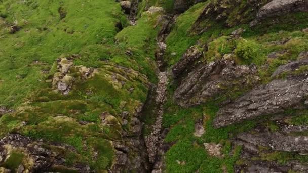 靠近一堵苔藓色的绿色山墙的空中景观 暴露了挪威罗浮敦群岛的岩石海岸线 平底锅 无人驾驶飞机射击 — 图库视频影像
