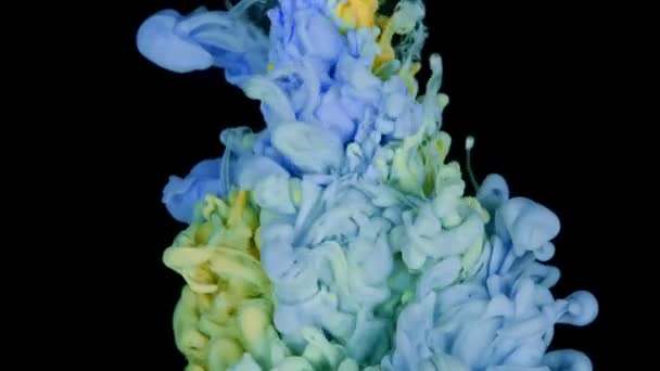 異なる色のアクリル絵具は 黒の背景に水に溶解し 青の美しい抽象的な背景 スローモーション — ストック動画