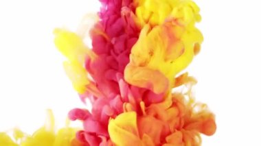 Suya yayılan turuncu ve kırmızı mürekkep. Beyaz renkli soyut renkli arkaplan. 4K.