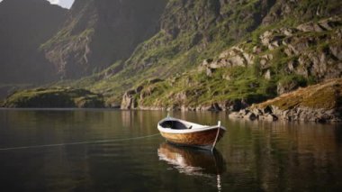 Norveç 'te bir fiyortta, Norveç' in Yoğun Su Yansımaları, Dağları ve Dağları 'nda, Şamandıra üzerindeki Güzel Sakin Göl' ün üzerindeki tahta kürek teknesinin çarpıcı görüntüsü.