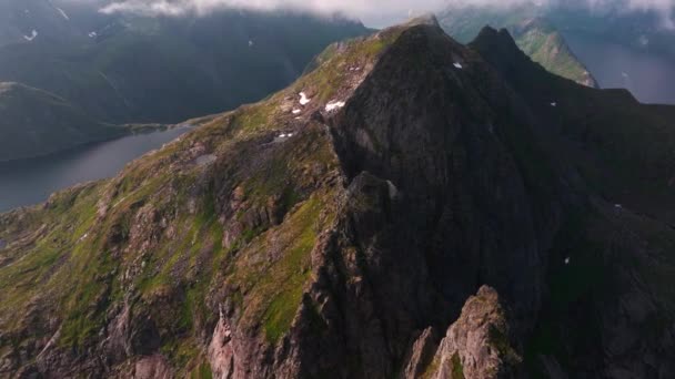 Luchtfoto Bomen Een Heuvel Die Oceaan Steile Bergtoppen Onthullen Lofoten — Stockvideo