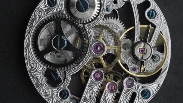 Silver Chain Internal Working Mechanism Antique Pocket Watch Gray Background — Stock video