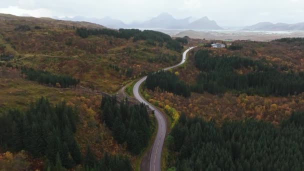 Roadtrip Cativante Lofoten Nevoeiro Fundo Rastreamento Aéreo Nordland Noruega — Vídeo de Stock