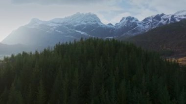 Dağın arka planında alçak bir gölet, Lofoten, Norveç 'te kasvetli bir gün - geri çekil, İHA atışı