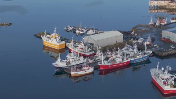 ノルウェー スカンジナビア 北ヨーロッパの景色と晴れた日の港に横たわる伝統的な漁船を備えた航空諸島の風景 — ストック動画
