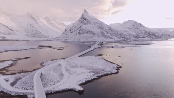 Aereo Drone Filmato Incredibile Artico Lofoten Islands Paesaggio Invernale Meraviglia — Video Stock