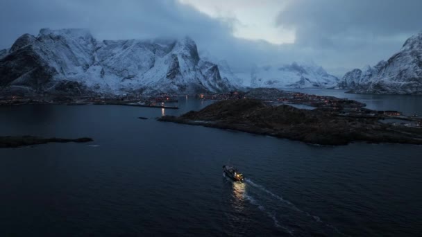 Barca Pesca Notte Vista Aerea Lofoten — Video Stock