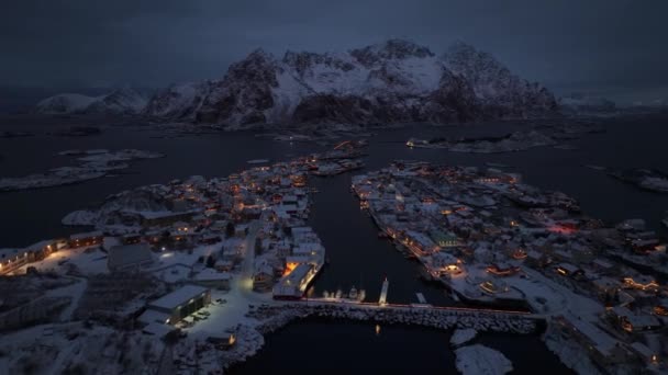 Henningsvaer Noche Invierno Islas Lofoten Noruega — Vídeo de stock