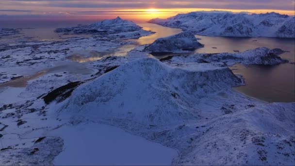 Drone View Snowy Mountain Range Silhouette Sunrise Aerial View Inglés — Vídeo de stock
