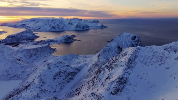 Drone View Snowy Mountain Range Silhouette Sunrise Aerial View Inglés — Vídeo de stock