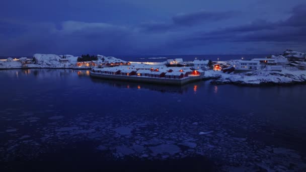 Вид Повітря Море Снігові Гори Рибалка Взимку Заході Сонця Острови — стокове відео