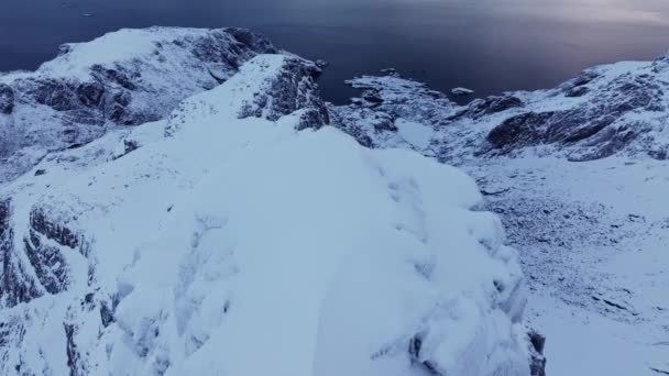 Atemberaubende Vogelperspektive Auf Hohe Berggipfel Die Mit Weißem Schnee Bedeckt — Stockvideo