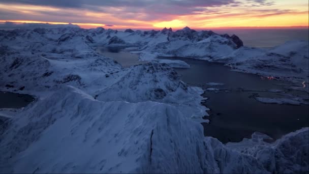 Vista Aérea Dos Fiordes Lofoten Noruega Coberta Neve Inverno Vídeo De Bancos De Imagens