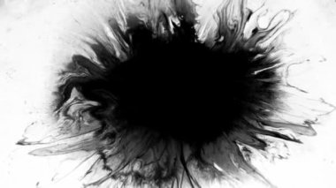 Bu çağdaş resimde merkezden yayılan siyah ve beyaz renkli .droptürbülans boya damlaları, merkezden yayılan 3 boyutlu animasyonu ortaya koyuyor. 4K arkaplan, VFX üstüste, alfa matte karışımı