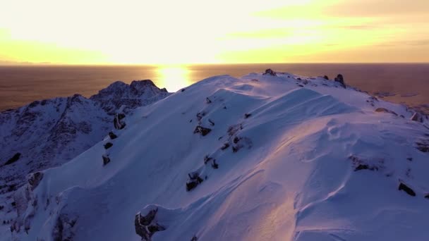 Luftaufnahme Der Lofoten Fjorde Norwegen Winter Schneebedeckt — Stockvideo