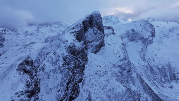 冬の雪に覆われたノルウェーのロフォンテ フィヨルドの空中観察 — ストック動画