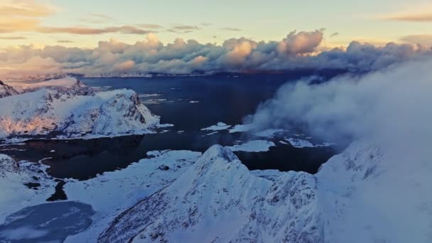 Luftaufnahme Der Lofoten Fjorde Norwegen Winter Schneebedeckt Lizenzfreies Stock-Filmmaterial