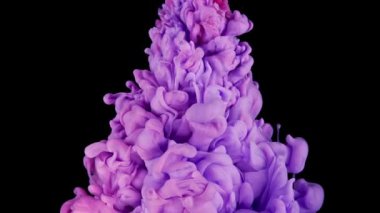 Karanlık Tuval üzerindeki Pembe Mürekkep Bulutları. Suyun içinde pembe ve mor mürekkep karışımı. Ağır çekim. Kara Arkaplan. Soyut Hareket Arkaplanı, Sanat Efektleri.