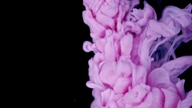 Karanlık Tuval üzerindeki Pembe Mürekkep Bulutları. Suyun içinde pembe ve mor mürekkep karışımı. Ağır çekim. Kara Arkaplan. Soyut Hareket Arkaplanı, Sanat Efektleri.
