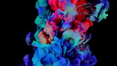 Renkli boyalı üst görüntü yavaş çekimde suda karışıyor. Siyah arka planda suyun altında dönen mürekkep gibi sıvı sanat eserleri. kırmızı mavi sarı soyutlama