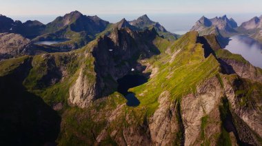 Aerial view of rugged mountain ridges and serene lakes on moskenesoya island, lofoten, norway, capturing the beauty of the nordic landscape in summer clipart